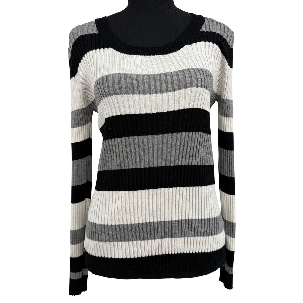 Striped Long Sleeve Ribbed Knit Scoop‎ Neck L Form Fitting Sweater Preppy Y2K